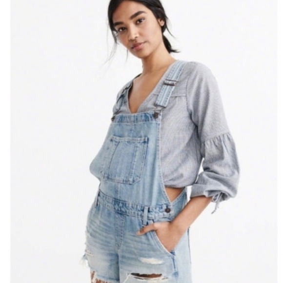Abercrombie & Fitch Denim - Abercrombie &‎ Fitch Distressed Denim Bib Overalls Shortalls Jeans Raw Hem Large